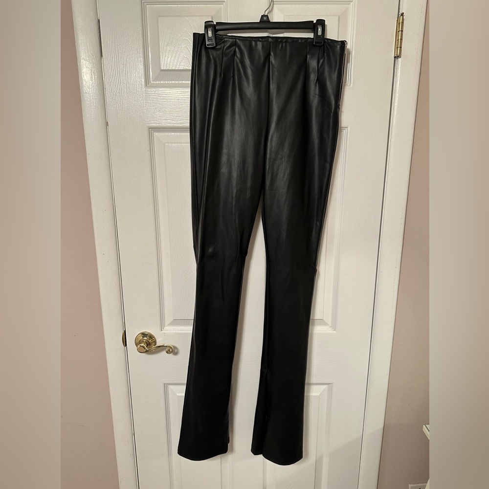 Split Hem Black Leather Leggings - image 1